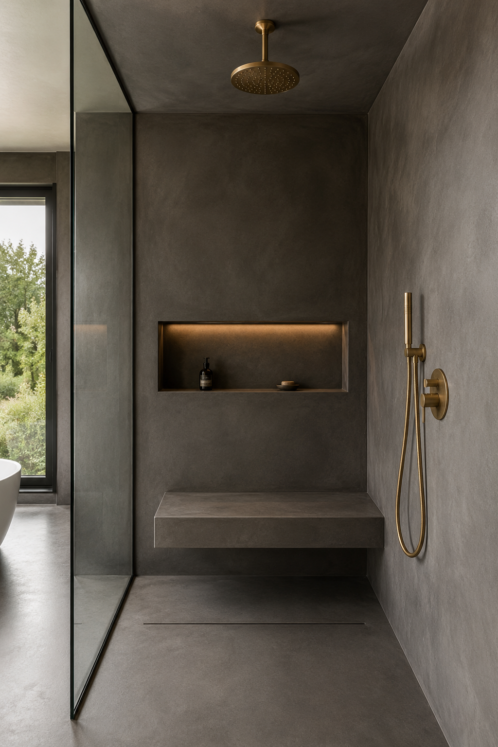 AI-generated concept visualization of a charcoal microcement walk-in shower with brass fixtures