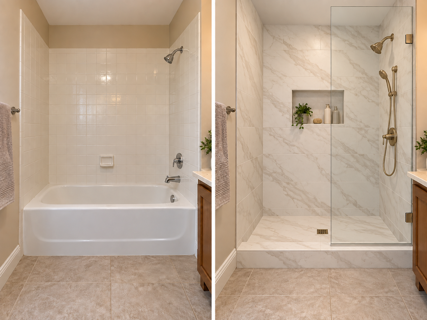 Illustrative before-and-after comparison: a bathtub on the left and the same space converted to a tiled walk-in shower on the right